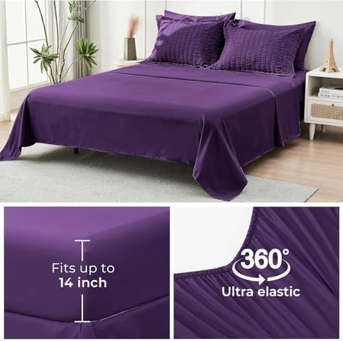 HYMOKEGE Dark Purple California King Comforter Set Seersucker 7 Pieces, All Season Luxury Bed in a Bag for Bedroom, Bedding Set with Comforter, Sheets, Pillowcases & Shams