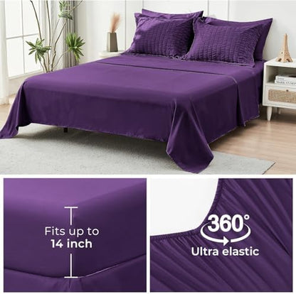 HYMOKEGE Dark Purple California King Comforter Set Seersucker 7 Pieces, All Season Luxury Bed in a Bag for Bedroom, Bedding Set with Comforter, Sheets, Pillowcases & Shams