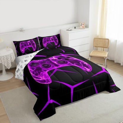 Castle Fairy Gamer Kids Comforter Set,Gaming Honeycomb Purple Bedding Set All Season,Gamepad Game Controller Comforter 2 Pcs with 1 Pillowcase,Toddler Size