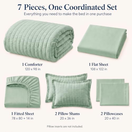 CozyLux Oversized King Comforter Set 120x98, 7-Piece Sage Green Seersucker
