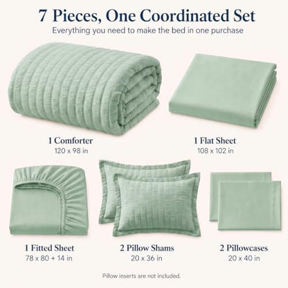 CozyLux Oversized King Comforter Set 120x98, 7-Piece Sage Green Seersucker