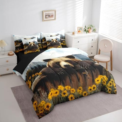 Erosebridal 7 Pcs Bear Comforter Set Woodland Rustic Cabin Bed in A Bag for Kids Nature Wild Animal Bedding Sets Queen Forest Hunting Country Sheet Set with Comforter Jungle Floral Mountain Decor