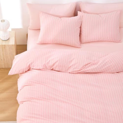 Wake In Cloud Striped Cotton Duvet Cover Set, Pink, Full