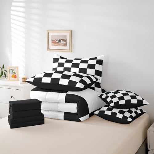 jejeloiu Black White Comforter Set with Sheets 7 Piece Twin Size