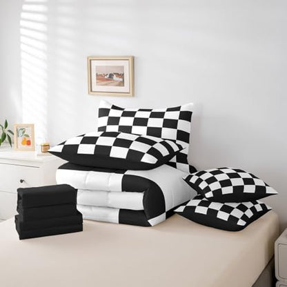 jejeloiu Black White Comforter Set with Sheets 7 Piece Twin Size
