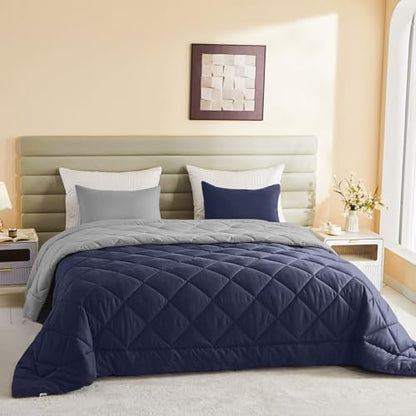 MIOTO 128x120 Oversized King Comforter All Season Extra Large King Size Microfiber Comforter Quilted Down Alternative Duvet Insert with 8 Corner Tabs, Navy Blue&Light Grey