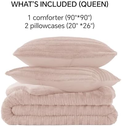 BEDELITE Faux Fur Queen Comforter Set, Fluffy Bed Set, Pink