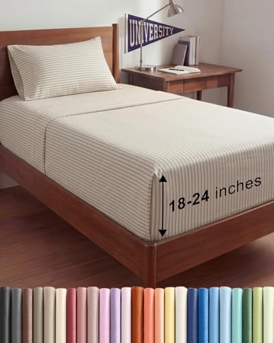 Extra Deep Twin XL Sheet Set - 3 Piece College Dorm Room - Beige Stripes