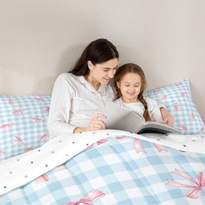 jejeloiu Bowknot Comforter Set King Size Blue Pink Bedding Set for Kids Boys Girls Pink Bow Duvet Quilt Colourful Bowknot Bedroom Decor Microfiber 3 Pcs with 2 Pillow Cases
