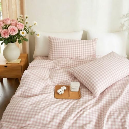 Gingham Duvet Cover Set 3 Piece 100% Washed Cotton Linen Feel Modern Plaid Checkered Bedding Comfy Breathable (Greyish Pink/White Gingham, Full)