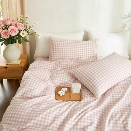 Gingham Duvet Cover Set 3 Piece 100% Washed Cotton Linen Feel Modern Plaid Checkered Bedding Comfy Breathable (Greyish Pink/White Gingham, Queen)