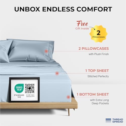 THREAD SPREAD 100% Egyptian Cotton Queen Sheets Set - 1200 Series Plush Collection Luxury Egyptian Cotton Sheets Queen Size Deep Pocket (4 PC, Light Blue), Soft, Cooling, Sateen Weave Sheet Set