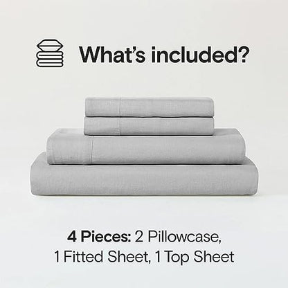 Sijo Stone Washed Organic French Linen Bed Sheet Set, GOTS Certified Organic, Best Cooling Linen Sheet Award by Sleep Foundation, 4 Piece - 2 Pillowcases, 1 Fitted and 1 Flat (Dove, King)