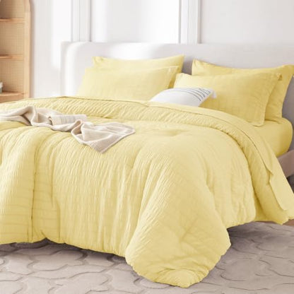 MUXHOMO 7 Pieces Oversized King Comforter Set, Seersucker Bed in a Bag Oversized King Size, All Season Luxury Bedding Set with Comforter, Flat Sheet, Fitted Sheet, Pillowcases & Shams, Yellow
