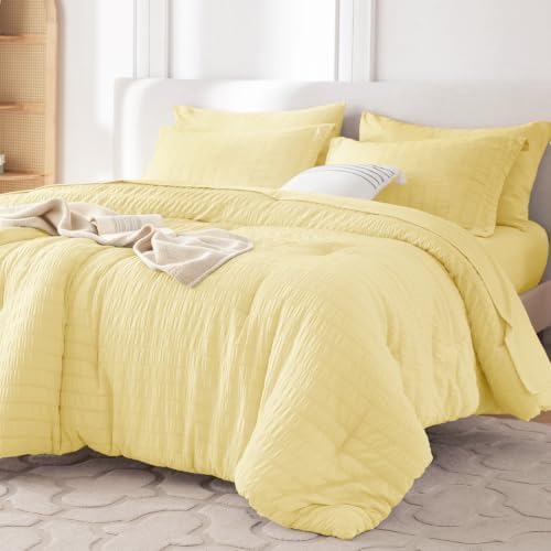 MUXHOMO 7 Pieces California King Comforter Set, Seersucker Bed in a Bag Cal King Size, All Season Luxury Bedding Set with Comforter, Flat Sheet, Fitted Sheet, Pillowcases & Shams, Yellow