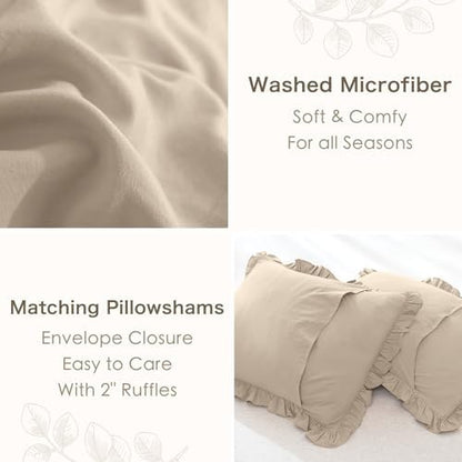 Masaca Ruffled Comforter Set Queen,3-Piece Farmhouse Shabby Boho Chic Bedding,Ultra Soft Linen Feel Textured Bed Comforter Set (1 Ruffle Comforter+2 Pillow Shams)