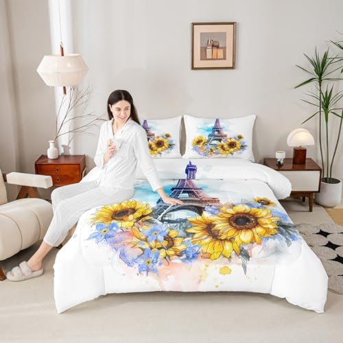 Eiffel Tower Comforter Set Twin Size for Girls Women French Eiffel Tower Bedding Pink Purple Tie-Dye Print Bedding Comforter Sets Romantic Paris Decor for Bedroom Duvet Insert French Style Quilt