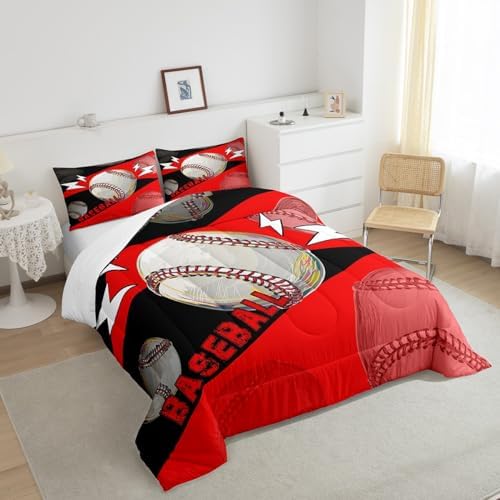 Erosebridal Baseball Twin Bedding Sets for Boys Girls Kids Baseball Comforter Set Bedroom Decor,Sports Comforter Sets for Boys Teen Ball Games Bed Quilt Set 2Pcs,Red Black