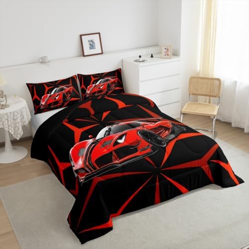 Castle Fairy Racing Car Comforter Set,Extreme Sport Theme Abstract Geometric Lines Bedding Set for Kids Teens,Red Race Car Quilt Set,Duvet Insert 2 Pcs with 1 Pillowcase,Toddler