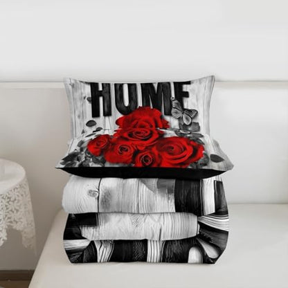 Castle Fairy Red Rose Comforter Set Twin Size,Wooden Plank Rustic Farmhouse Breathable Bedding Set,Kids Adults Room Decor,Valentine's Day Romantic Microfiber Duvet Insert,1 Pillowcase
