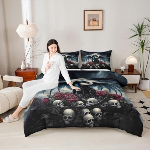 Feelyou Dragon Bedding Set Soft for Boys Girls,Dragon Stuff Comforter Set King Size Wild Life Duvet Quilt Magic Wildlife Bedroom Decor Blackish 3 Pcs with 2 Pillow Cases