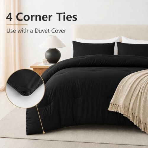 CozyLux Super King Plus Comforter Set, 3 Pieces Black Quilted Bedding