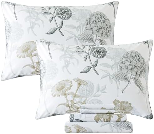 FADFAY Full Sheets Set Percale Cotton Grey Floral Bed Sheets Deep Pocket Fitted Sheet, Luxury Ink Vintage Grey Hydrangea Printed Shabby White Bedding for All Season, Super Soft Crisp & Cool, 4 Pcs