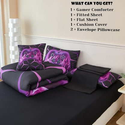 ZRNBAST Purple Gamer Bedding Set 6 Pieces Bed in a Bag Full Comforter Set