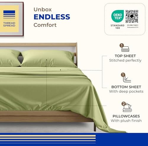THREAD SPREAD Full Size Bed Sheets, Luxury 1000 Series Paradise Collection 100% Egyptian Cotton Sheets Full Size Set (4 PC, Sage Green), Silky Soft, Cooling, Sateen, 16" Deep Pocket Hotel Sheet Set