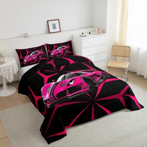 Castle Fairy Modern Race Cars Comforter Set Toddler Size 2 Pcs,Pink Racing Car Bedding Set,Extreme Sport Abstract Geometric Lines Quilt Set for Child Bedroom,Duvet Insert,1 Pillowcase