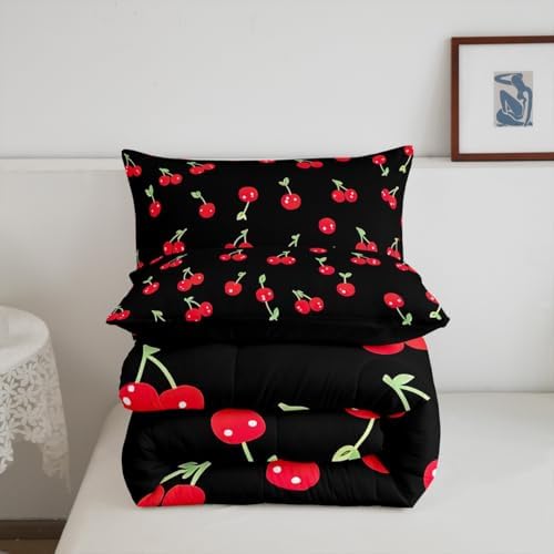 Red Cherry Comforter Set for Kids, Fruit Kawaii Bedding Set Queen, Cartoon Cute Cherry Duvet Sets for Boys Girls Women Bedroom Decor, Reversible Luxury Soft Down Comforter with 2 Pillow Cases, Black