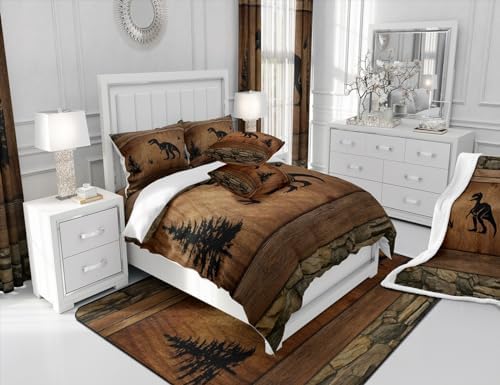 Manfei Dinosaur Kids Comforter Set Queen Size, Wild Animal Bedding Set for Boys Adults Bedroom Decor, Rustic Farmhouse Brown Wooden Plank Down Comforter, Soft Polyester Quilt Set, 2 Pillowcases