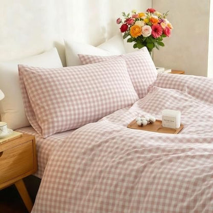 Gingham Duvet Cover Set 3 Piece 100% Washed Cotton Linen Feel Modern Plaid Checkered Bedding Comfy Breathable (Greyish Pink/White Gingham, Full)