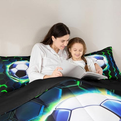 Football Kids Comforter Set Queen Size,Soccer Game Ball Sports Bedding Set,Girls Boys Room Decor,Geometric Honeycomb Hexagon Quilt Comforter,Black Green Duvet Set Bedroom Quilt Set,2 Pillowcases