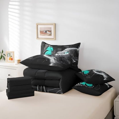 Feelyou Cute Cat Comforter Set 7 Pieces Twin Size Butterfly Bedding Set for Boys Girls Kawaii Pet Kitten Bed in a Bag with Comforter, Sheets, Pillowcases & Cushion Covers