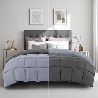 HYLEORY Comforters Queen Size - All Season Down Alternative Duvet Insert, Cooling Quilted Bed Comforter with Corner Tabs,Machine Washable, Reversible Dark Grey/Light Grey, 88x88 Inch