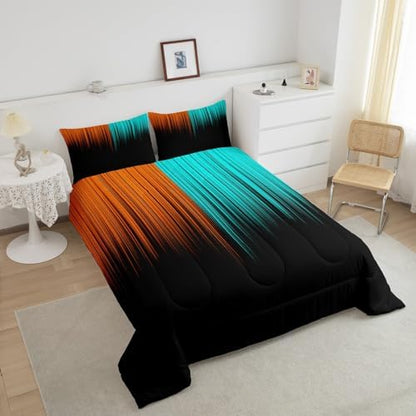 Feelyou Abstract Ombre Comforter Set Full Size, Kids Teens Orange and Teal Girls Bedding Sets Decor Modern Geometric Stripes Quilt Set with 2 Pillow Cases