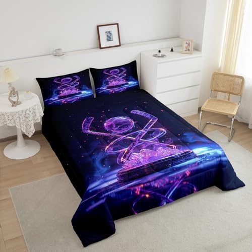 Erosebridal Ice Hockey Kids Comforter Set | Hockey Sports Bedding Full Size Purple Neon Down Comforter Sports Style Duvet Set for Bedroom