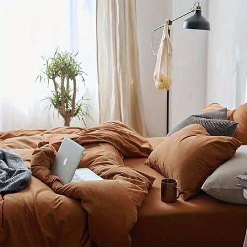 LifeTB Terracotta Burnt Orange Duvet Cover Set Queen Jersey Knit Duvet Cover 100% T-Shirt Cotton Comforter Cover Caramel Rust Color Bedding Set Boho Pumpkin Orange Comforter Cover with Zipper Closure