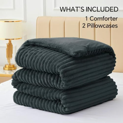 BEDELITE Fleece Oversized Queen Comforter Set, Fluffy Bed Set, Dark Grey
