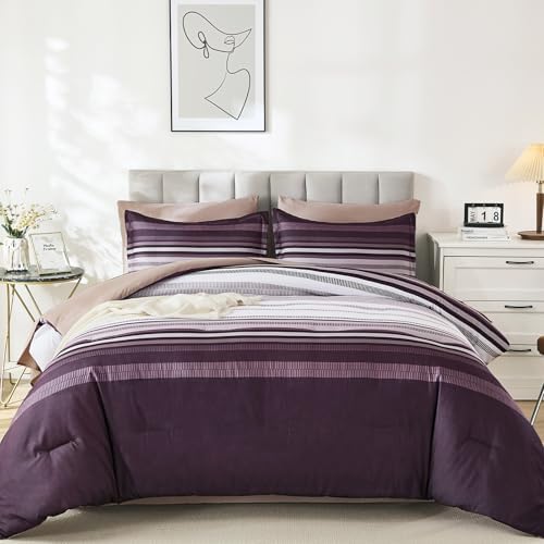 Dobuyly Purple Comforter Set King Size 7 Piece, Boho Striped Bed in a Bag King Soft Microfiber Bedding Sets with Comforter, Sheets, Pillowcases & Shams All Season