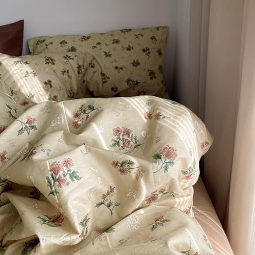 mixinni Vintage Floral Duvet Cover King Size - 3 Piece 100% Cotton Cottagecore Red Flowers & Green Leaves Bedding, Soft Botanical Comforter Cover & Pillowcases, Aesthetic Spring Bed Set for Girls