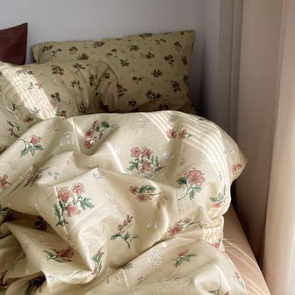 mixinni Vintage Floral Duvet Cover King Size - 3 Piece 100% Cotton Cottagecore Red Flowers & Green Leaves Bedding, Soft Botanical Comforter Cover & Pillowcases, Aesthetic Spring Bed Set for Girls