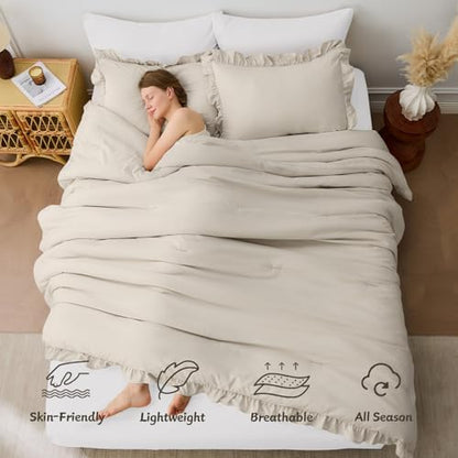 FUANNA Queen Comforter Set, 3 Pieces Bedding Sets, Ruffle Bed Set, Oatmeal