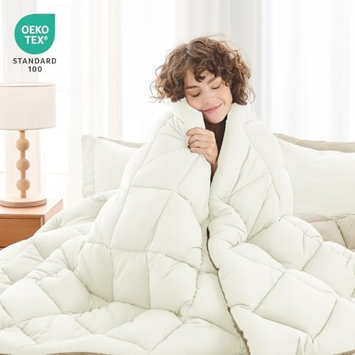MUXHOMO 5 Pieces Twin Comforter Set, Reversible Bed in a Bag Twin Size, All Season Bedding Set with Comforter, Flat Sheet, Fitted Sheet, Pillowcases & Shams, Ivory & Khaki