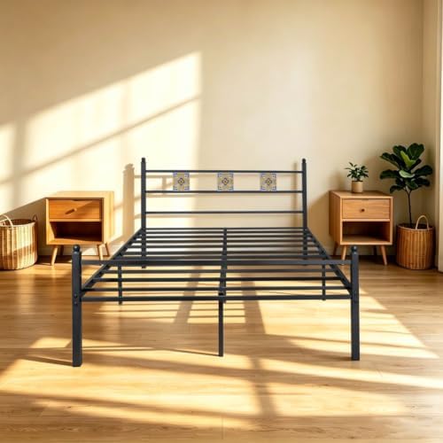 Full Size Bed Frame with Headboard Footboard, Vintage Metal Platform Beds