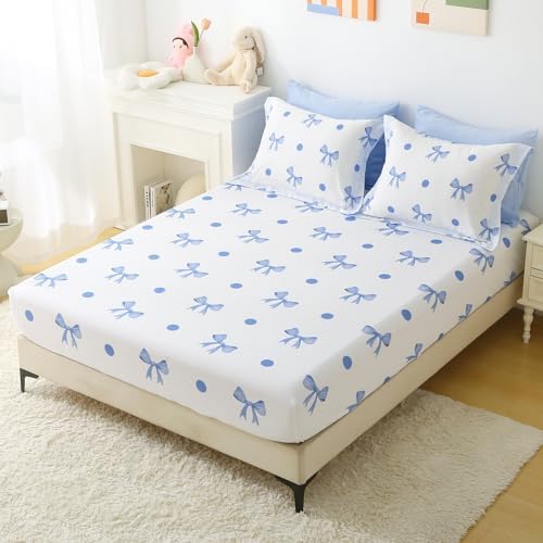 Wajade 7 Piece Blue Bow Comforter Set for Girls Kids Full Size Bedding Set with Sheet and 2 Pillowcases 2 Pillow Shams Cute Girls Bed in a Bag as Birthday Choice