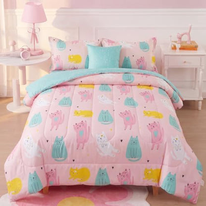 ADASMILE A & S 6Pcs Cat Comforter Twin for Girls Pink Cute Cats Bedding Set