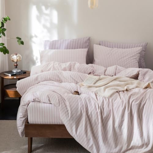 FOSSA Striped Duvet Cover Set 100% Washed Cotton Linen Feel Queen