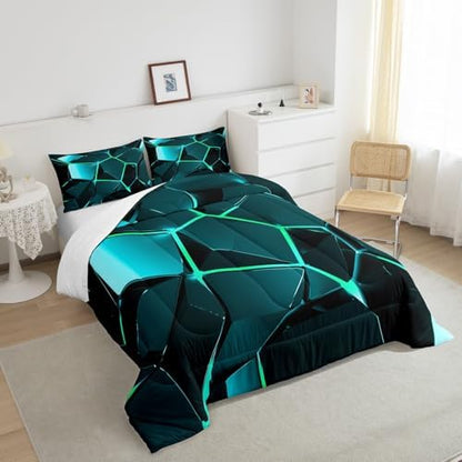 Feelyou Blue Green Hexagon Comforter Stereoscopic Honeycomb Comforter Set for Kids Beehive Bedding Set Geometric Honeycomb Duvet Simplistic Room Decor Quilt Queen Size Boys